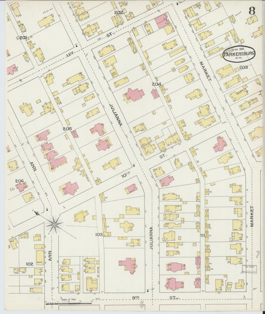 Sanborn Fire Insurance Map from Parkersburg, Wood County, West Virginia (1893), Sheet #0008 - Historic Sanborn Fire Insurance Map Print, vintage old map wall art, antique decor, genealogy gift, West Virginia West Virginia map