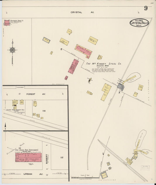 Sanborn Fire Insurance Map from Crystal Falls, Iron County, Michigan (1922), Sheet #0009 - Historic Sanborn Fire Insurance Map Print, vintage old map wall art, antique decor, genealogy gift, Michigan Michigan map