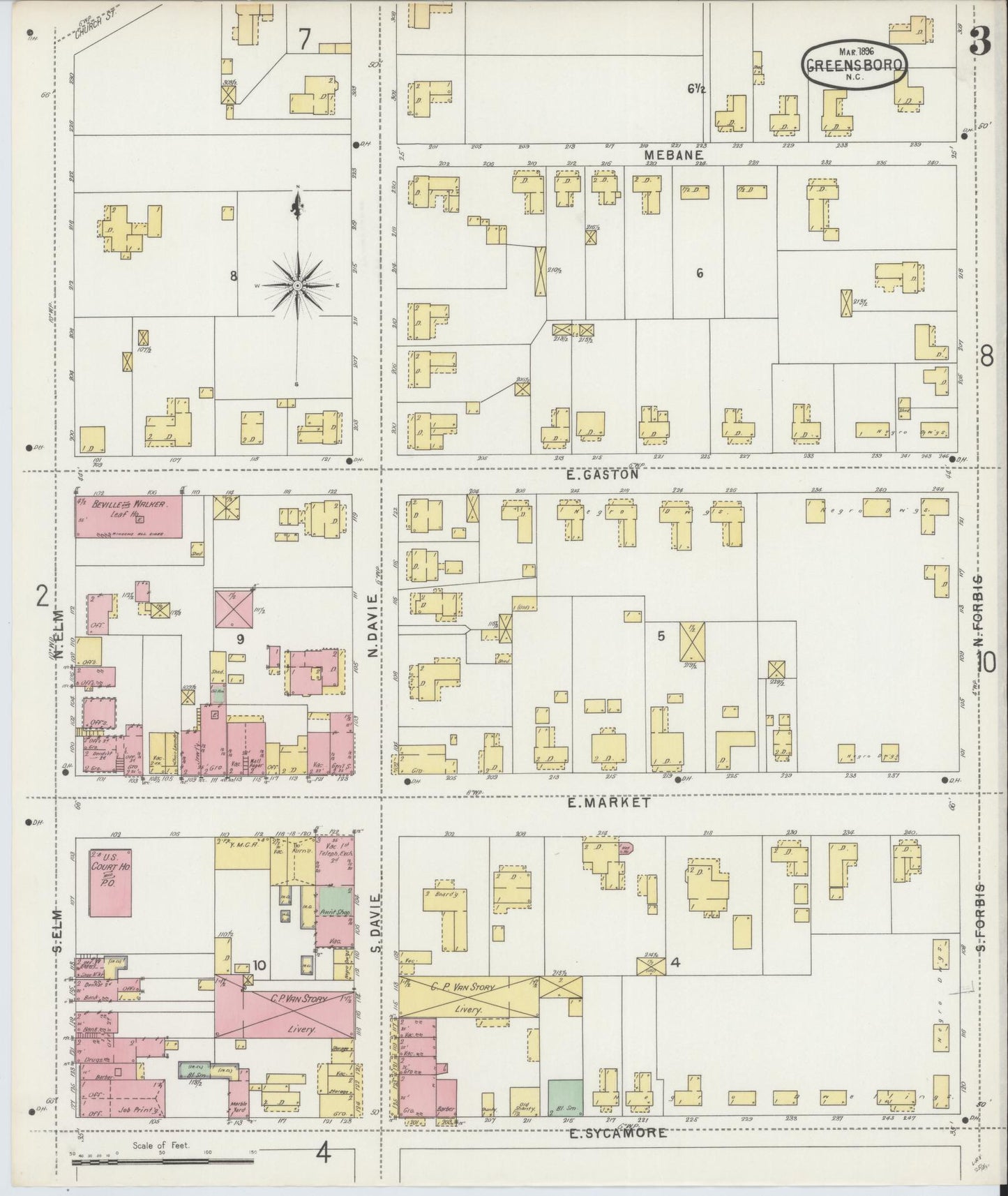 Sanborn Fire Insurance Map from Greensboro, Guilford County, North Carolina (1896), Sheet #0003 - Complete Map Set gallery image, historic Sanborn map, vintage wall art, North Carolina North Carolina