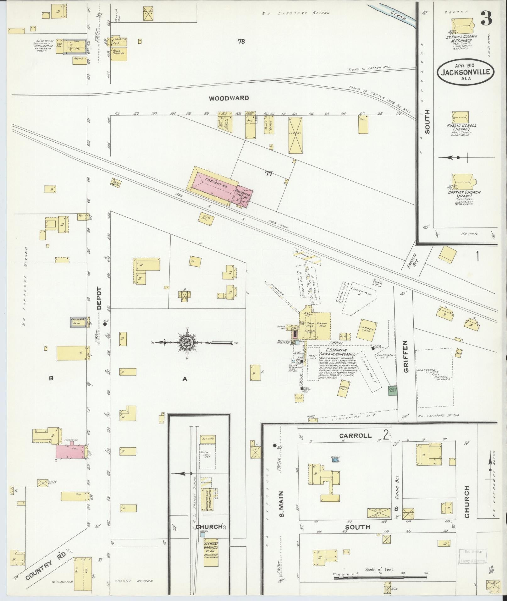 Sanborn Fire Insurance Map from Jacksonville, Calhoun County, Alabama (1910), Sheet #0003 - Historic Sanborn Fire Insurance Map Print, vintage old map wall art, antique decor, genealogy gift, Alabama Alabama map