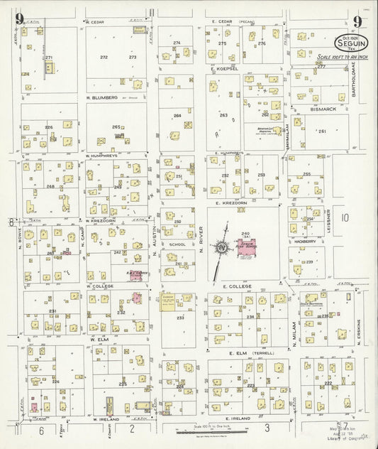 Sanborn Fire Insurance Map from Seguin, Guadalupe County, Texas (1924), Sheet #0009 - Historic Sanborn Fire Insurance Map Print, vintage old map wall art, antique decor, genealogy gift, Texas Texas map