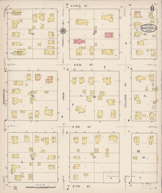 Sanborn Fire Insurance Map from Northfield, Rice County, Minnesota (1922), Sheet #0008 - Historic Sanborn Fire Insurance Map Print, vintage old map wall art, antique decor, genealogy gift, Minnesota Minnesota map