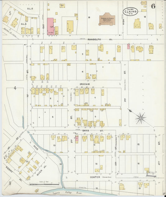 Sanborn Fire Insurance Map from Elkins, Randolph County, West Virginia (1905), Sheet #0006 - Historic Sanborn Fire Insurance Map Print, vintage old map wall art, antique decor, genealogy gift, West Virginia West Virginia map