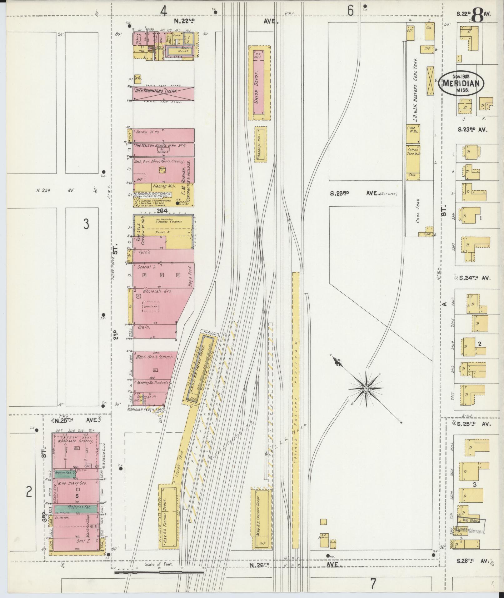 Sanborn Fire Insurance Map from Meridian, Lauderdale County, Mississippi (1902), Sheet #0008 - Historic Sanborn Fire Insurance Map Print, vintage old map wall art, antique decor, genealogy gift, Mississippi Mississippi map
