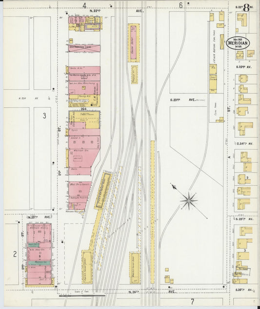 Sanborn Fire Insurance Map from Meridian, Lauderdale County, Mississippi (1902), Sheet #0008 - Historic Sanborn Fire Insurance Map Print, vintage old map wall art, antique decor, genealogy gift, Mississippi Mississippi map