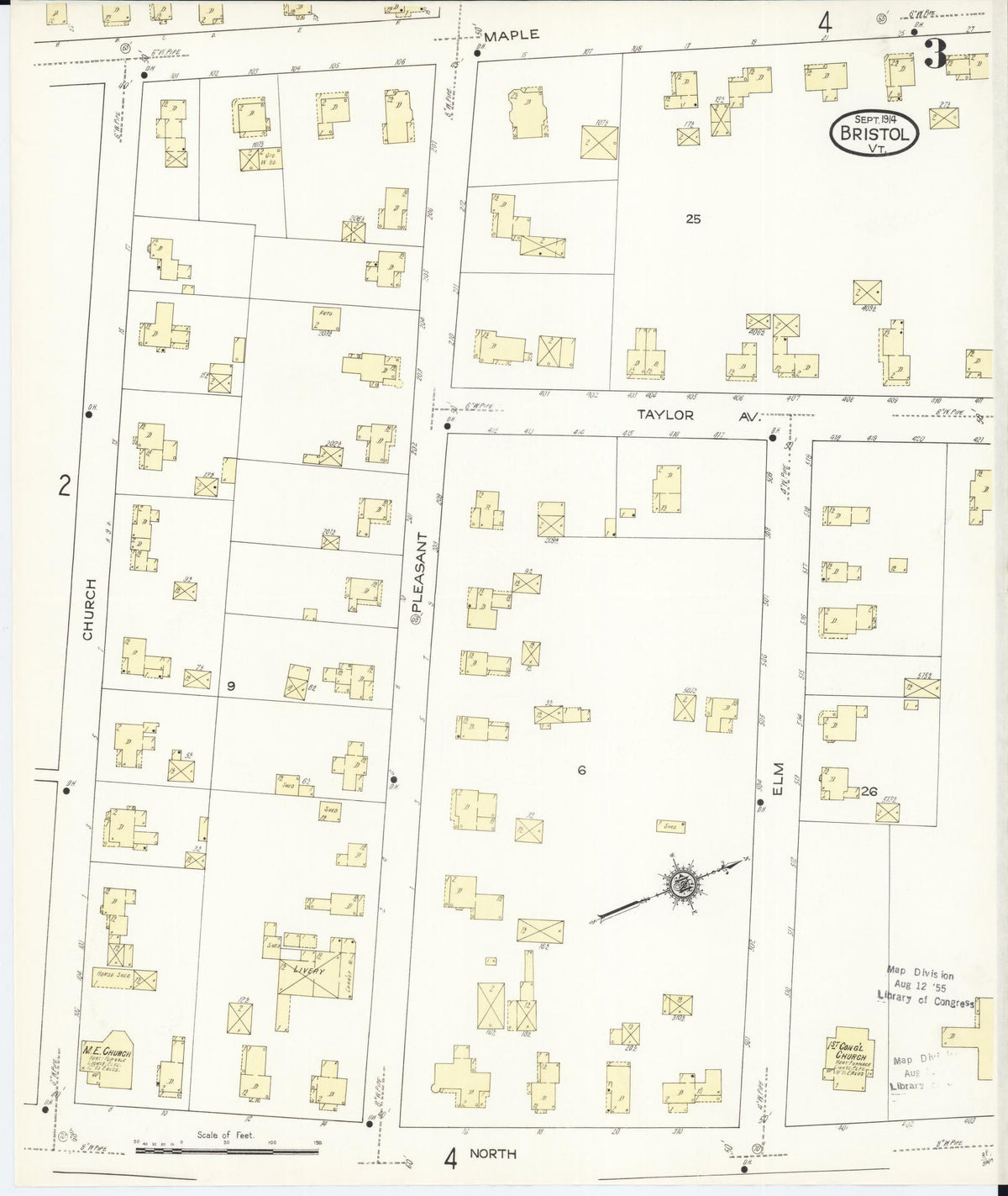 Sanborn Fire Insurance Map from Bristol, Addison County, Vermont (1914), Sheet #0003 - Historic Sanborn Fire Insurance Map Print, vintage old map wall art, antique decor, genealogy gift, Vermont Vermont map