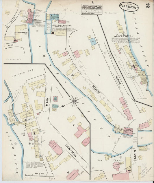 Sanborn Fire Insurance Map from Claremont, Sullivan County, New Hampshire (1884), Sheet #0002 - Historic Sanborn Fire Insurance Map Print, vintage old map wall art, antique decor, genealogy gift, New Hampshire New Hampshire map