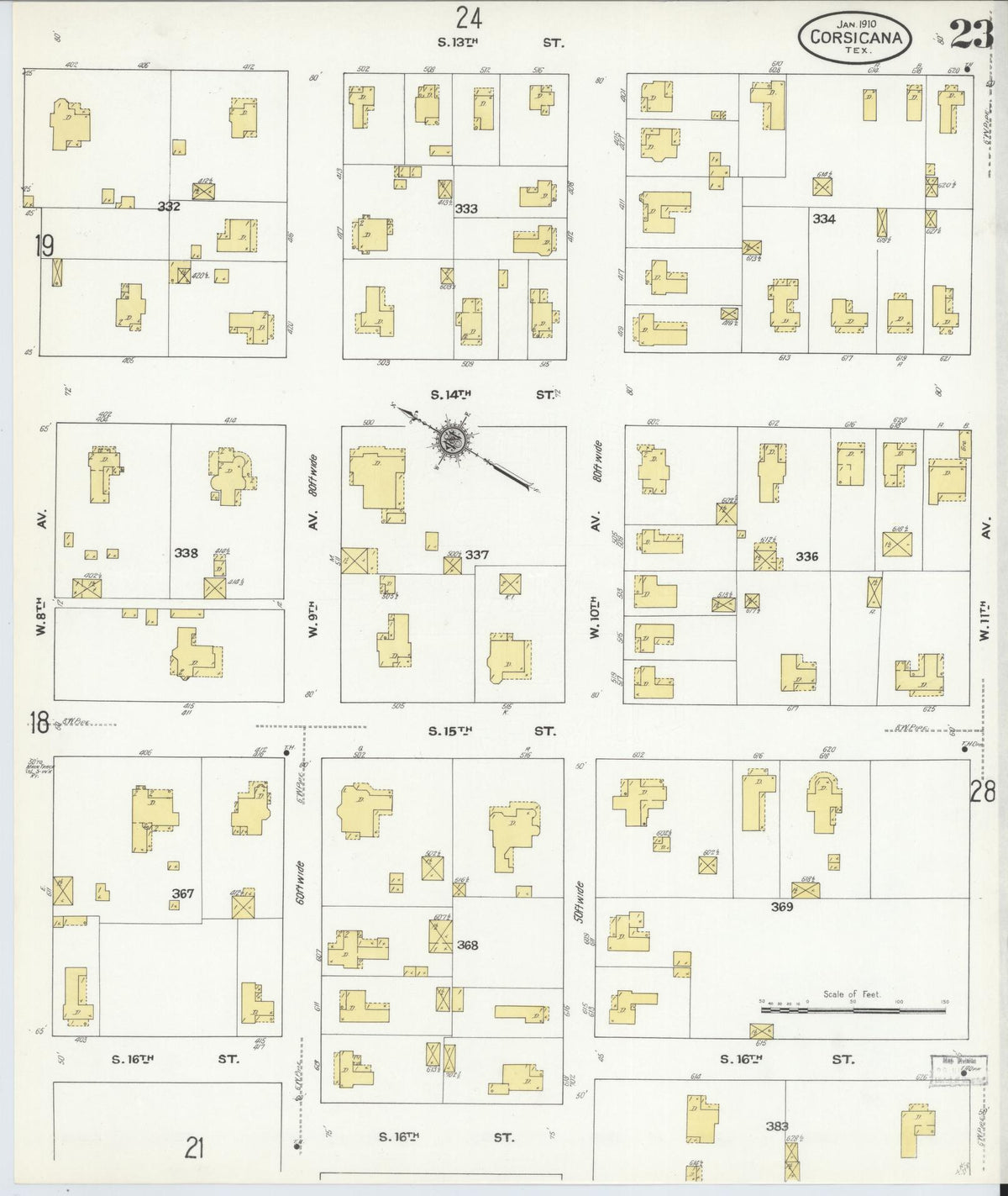 Sanborn Fire Insurance Map from Corsicana, Navarro County, Texas (1910), Sheet #0023 - Complete Map Set gallery image, historic Sanborn map, vintage wall art, Texas Texas