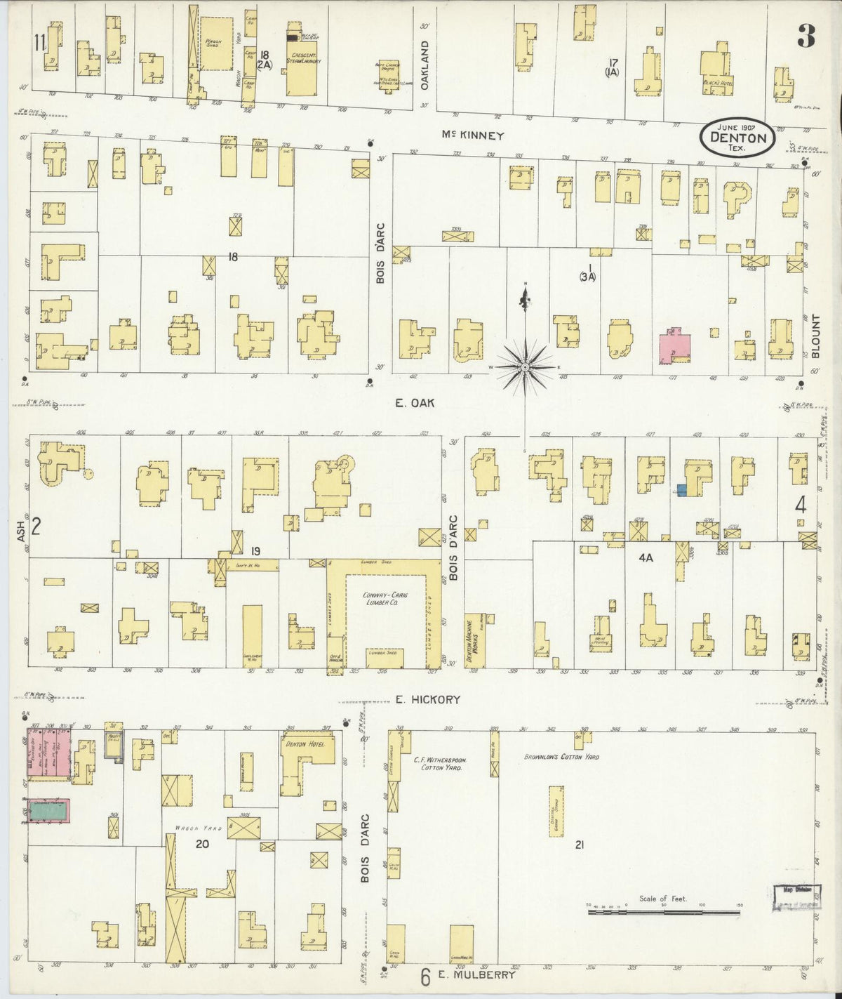 Sanborn Fire Insurance Map from Denton, Denton County, Texas (1907), Sheet #0003 - Complete Map Set gallery image, historic Sanborn map, vintage wall art, Texas Texas
