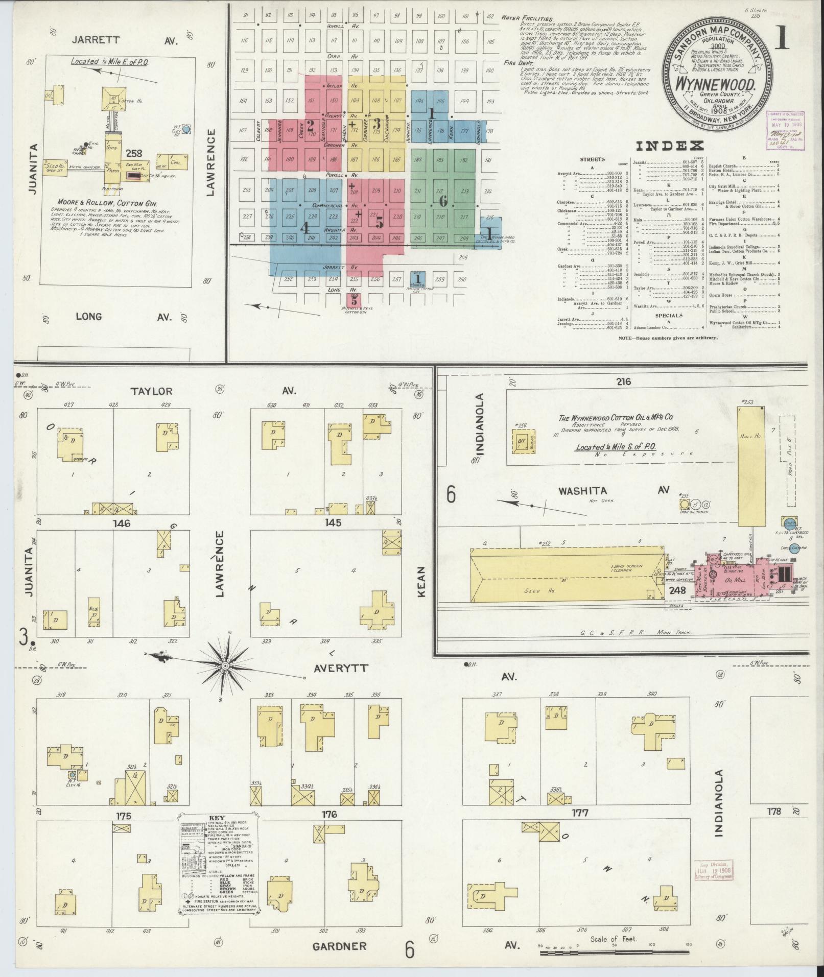 Sanborn Fire Insurance Map from Wynnewood, Garvin County, Oklahoma (1908), Sheet #0001 - Historic Sanborn Fire Insurance Map Print, vintage old map wall art, antique decor, genealogy gift, Oklahoma Oklahoma map