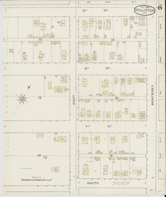 Sanborn Fire Insurance Map from Hollister, San Benito County, California (1886), Sheet #0006 - Historic Sanborn Fire Insurance Map Print, vintage old map wall art, antique decor, genealogy gift, California California map