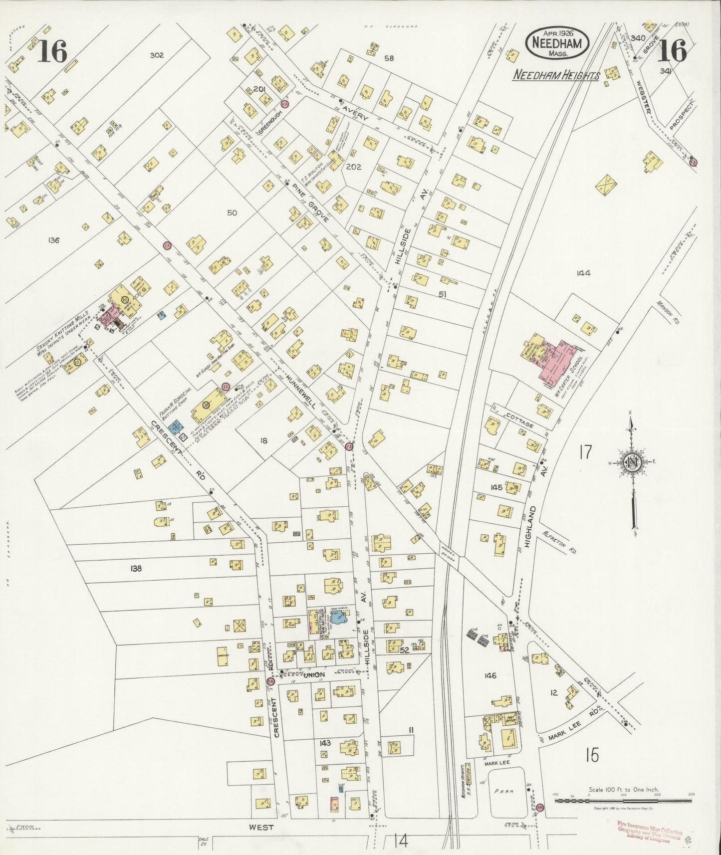 Sanborn Fire Insurance Map from Needham, Norfolk County, Massachusetts (1926), Sheet #0016 - Complete Map Set gallery image, historic Sanborn map, vintage wall art, Massachusetts Massachusetts