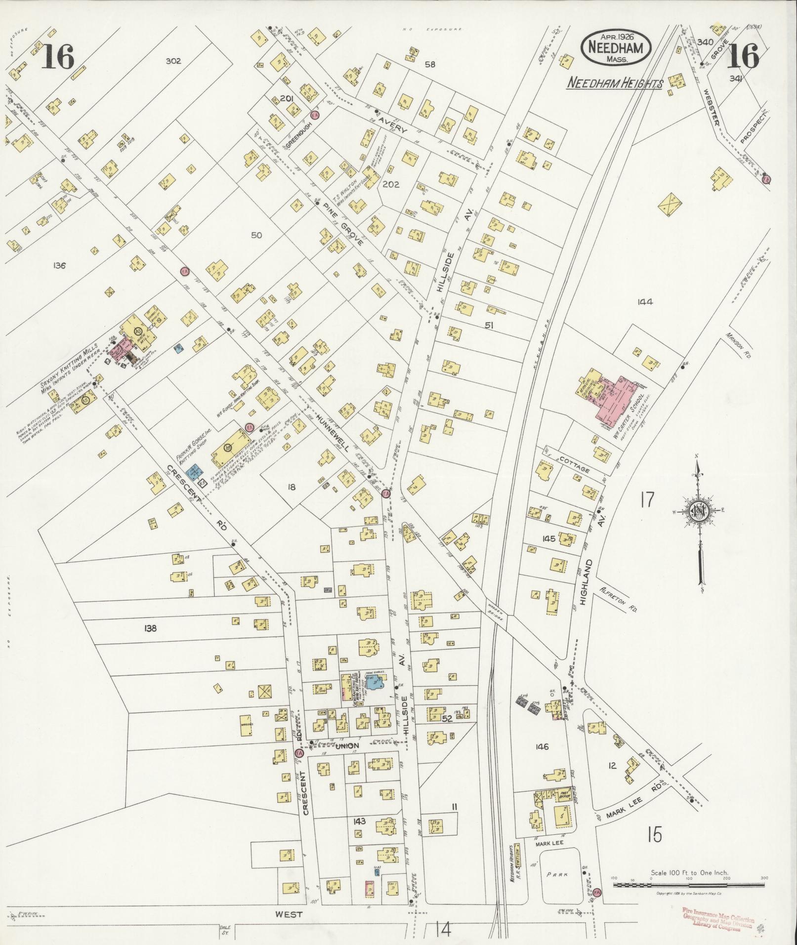 Sanborn Fire Insurance Map from Needham, Norfolk County, Massachusetts (1926), Sheet #0016 - Complete Map Set gallery image, historic Sanborn map, vintage wall art, Massachusetts Massachusetts