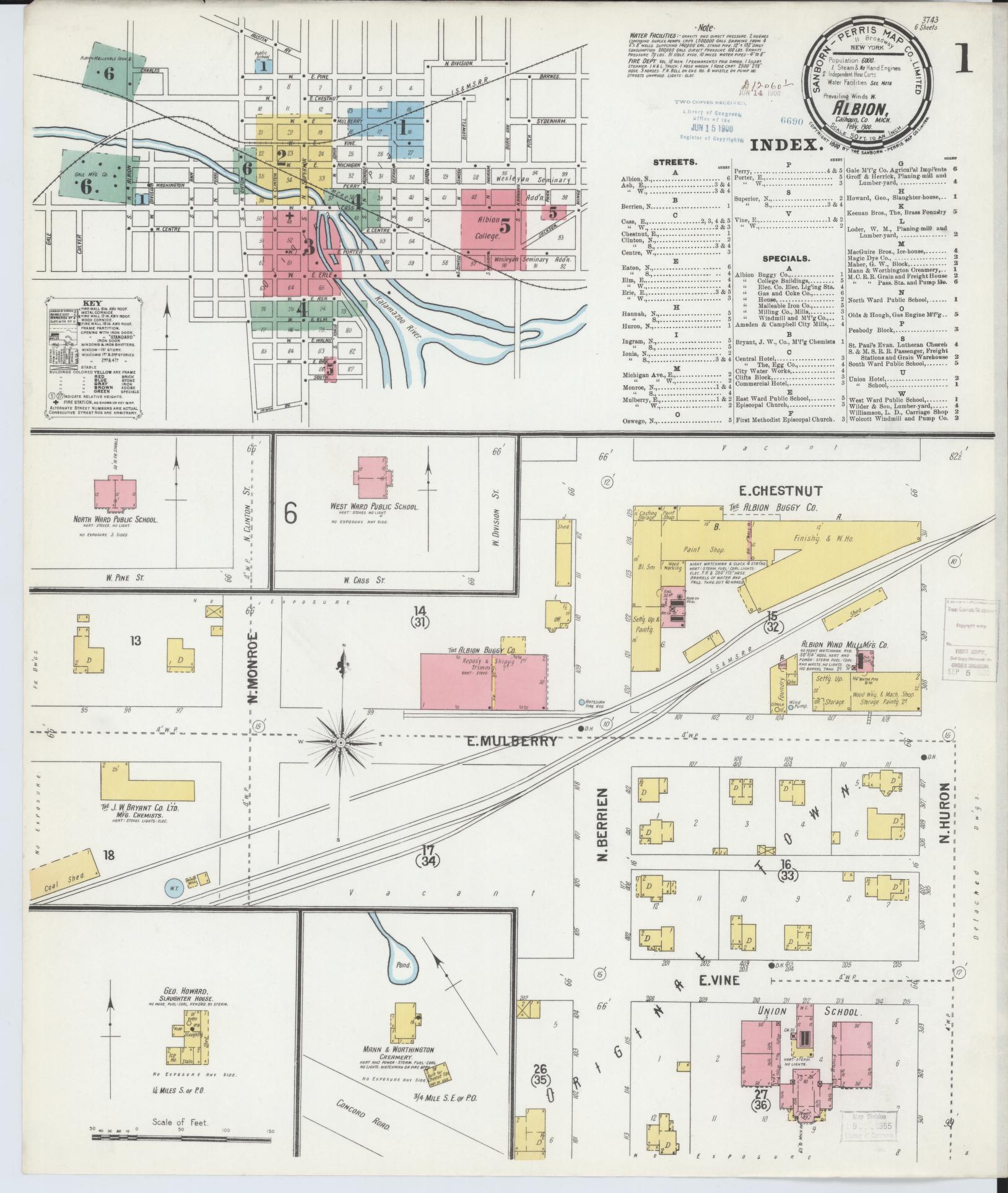 Sanborn Fire Insurance Map from Albion, Calhoun County, Michigan (1900), Sheet #0001 - Complete Map Set gallery image, historic Sanborn map, vintage wall art, Michigan Michigan