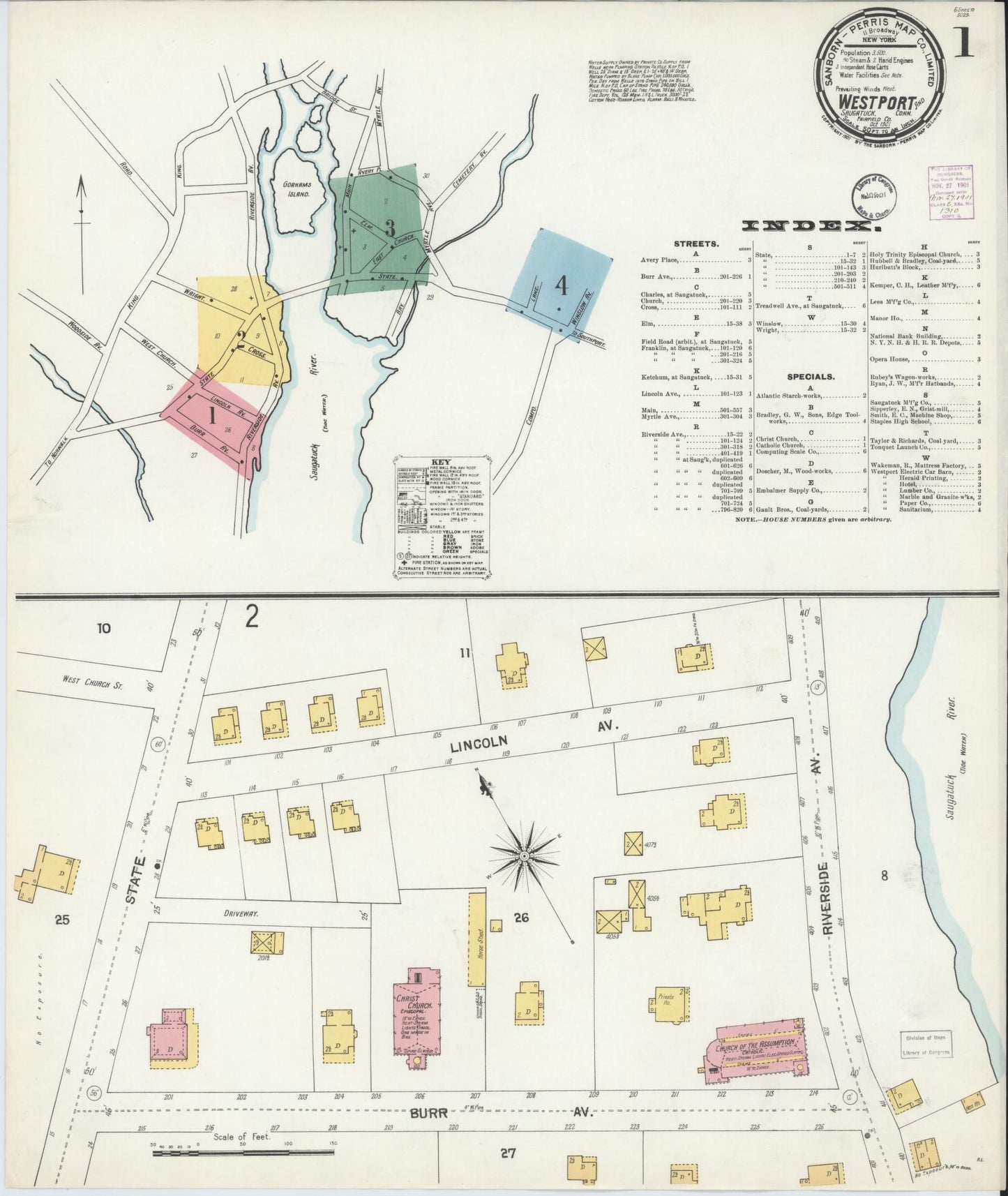 Sanborn Fire Insurance Map from Westport, Fairfield County, Connecticut (1901), Sheet #0001 - Complete Map Set gallery image, historic Sanborn map, vintage wall art, Connecticut Connecticut