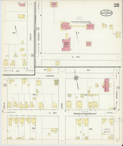 Sanborn Fire Insurance Map from Goldsboro, Wayne County, North Carolina (1913), Sheet #0028 - Complete Map Set gallery image, historic Sanborn map, vintage wall art, North Carolina North Carolina