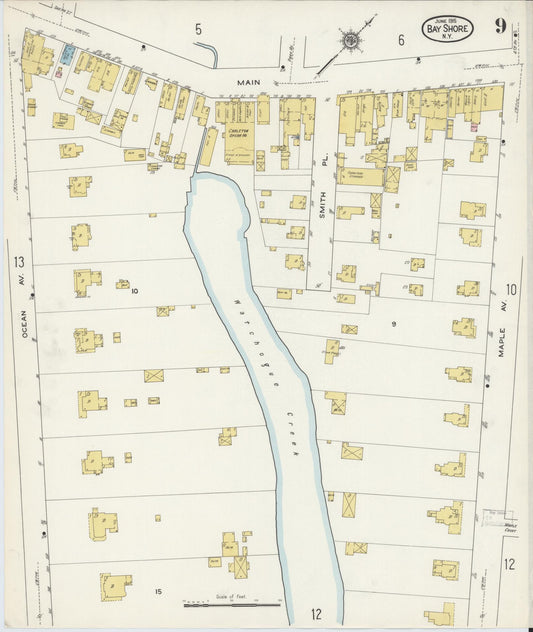Sanborn Fire Insurance Map from Bay Shore, Suffolk County, New York (1915), Sheet #0009 - Historic Sanborn Fire Insurance Map Print, vintage old map wall art, antique decor, genealogy gift, New York New York map