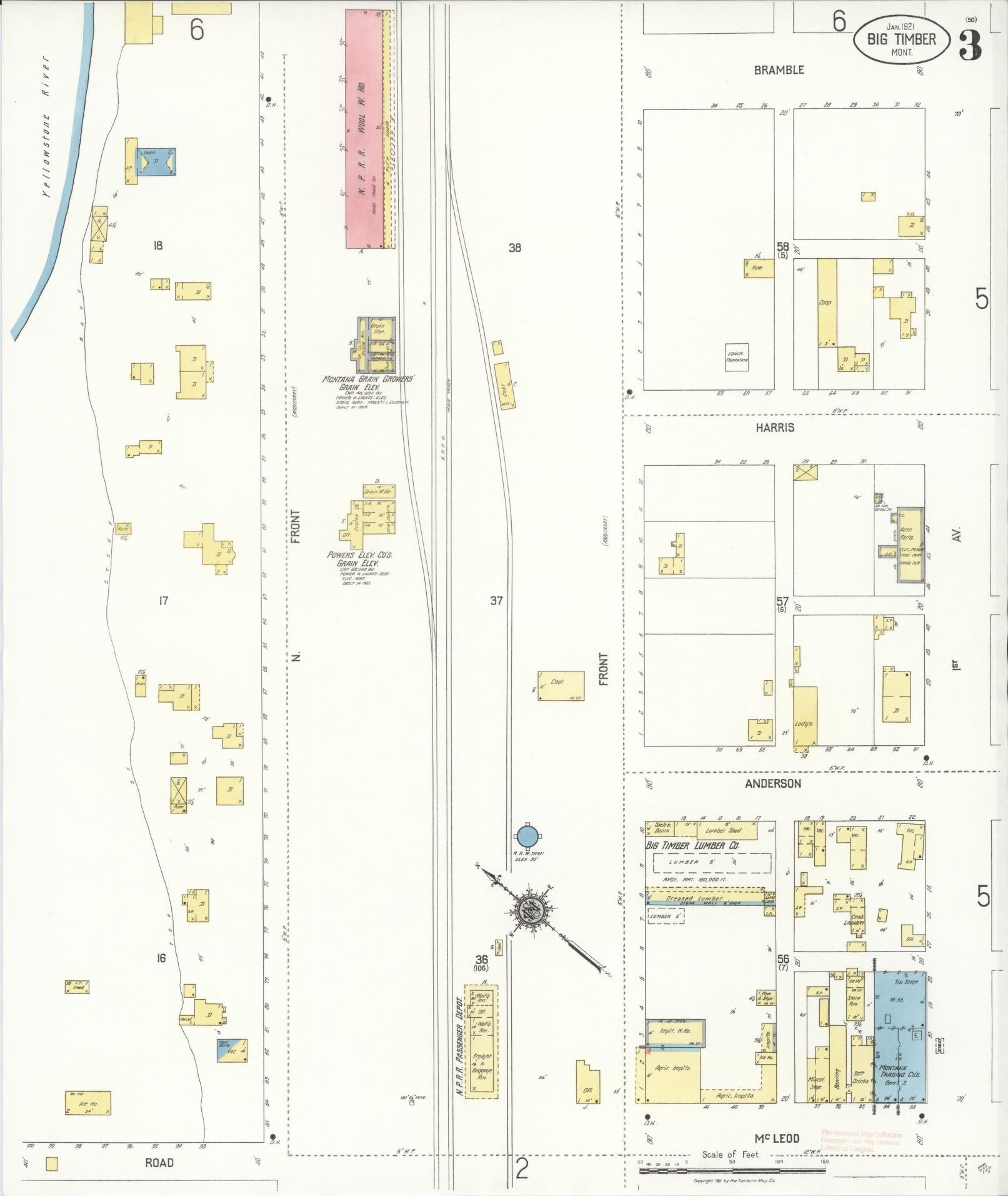 Sanborn Fire Insurance Map from Big Timber, Sweet Grass County, Montana (1921), Sheet #0003 - Complete Map Set gallery image, historic Sanborn map, vintage wall art, Montana Montana