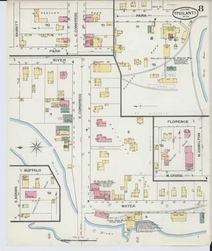 Sanborn Fire Insurance Map from Ypsilanti, Washtenaw County, Michigan (1893), Sheet #0008 - Historic Sanborn Fire Insurance Map Print, vintage old map wall art, antique decor, genealogy gift, Michigan Michigan map