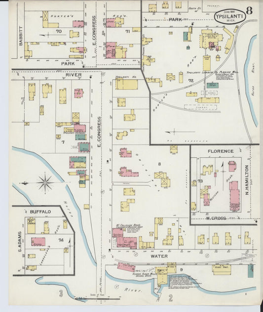 Sanborn Fire Insurance Map from Ypsilanti, Washtenaw County, Michigan (1893), Sheet #0008 - Historic Sanborn Fire Insurance Map Print, vintage old map wall art, antique decor, genealogy gift, Michigan Michigan map