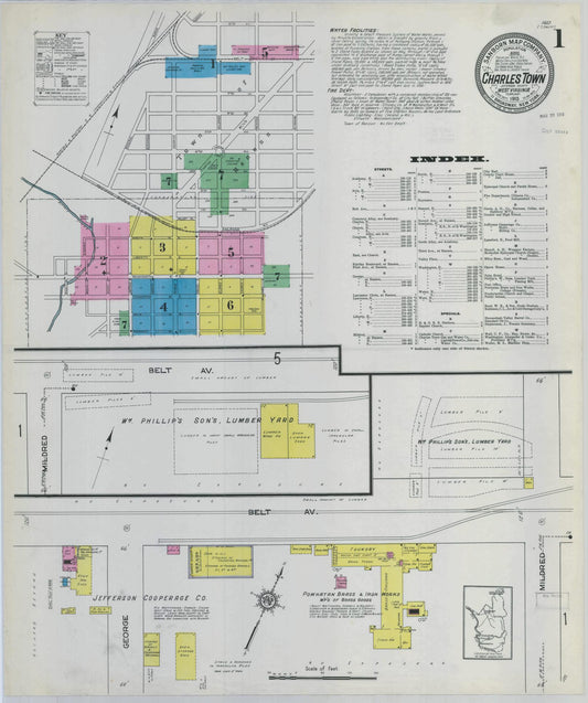 Sanborn Fire Insurance Map from Charles Town, Jefferson County, West Virginia (1913), Sheet #0001 - Complete Map Set gallery image, historic Sanborn map, vintage wall art, West Virginia West Virginia