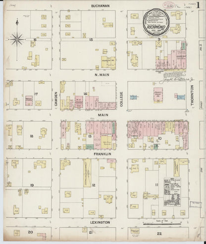 Sanborn Fire Insurance Map from Richmond, Ray County, Missouri (1888), Sheet #0001 - Complete Map Set gallery image, historic Sanborn map, vintage wall art, Missouri Missouri