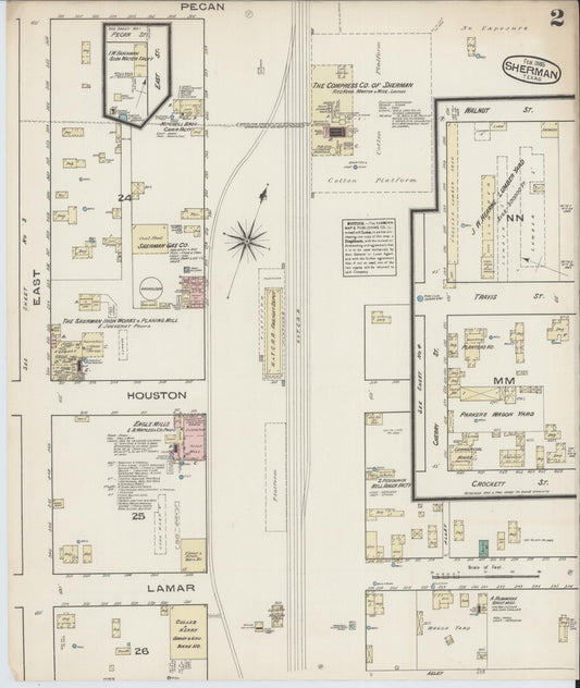 Sanborn Fire Insurance Map from Sherman, Grayson County, Texas (1885), Sheet #0002 - Historic Sanborn Fire Insurance Map Print, vintage old map wall art, antique decor, genealogy gift, Texas Texas map