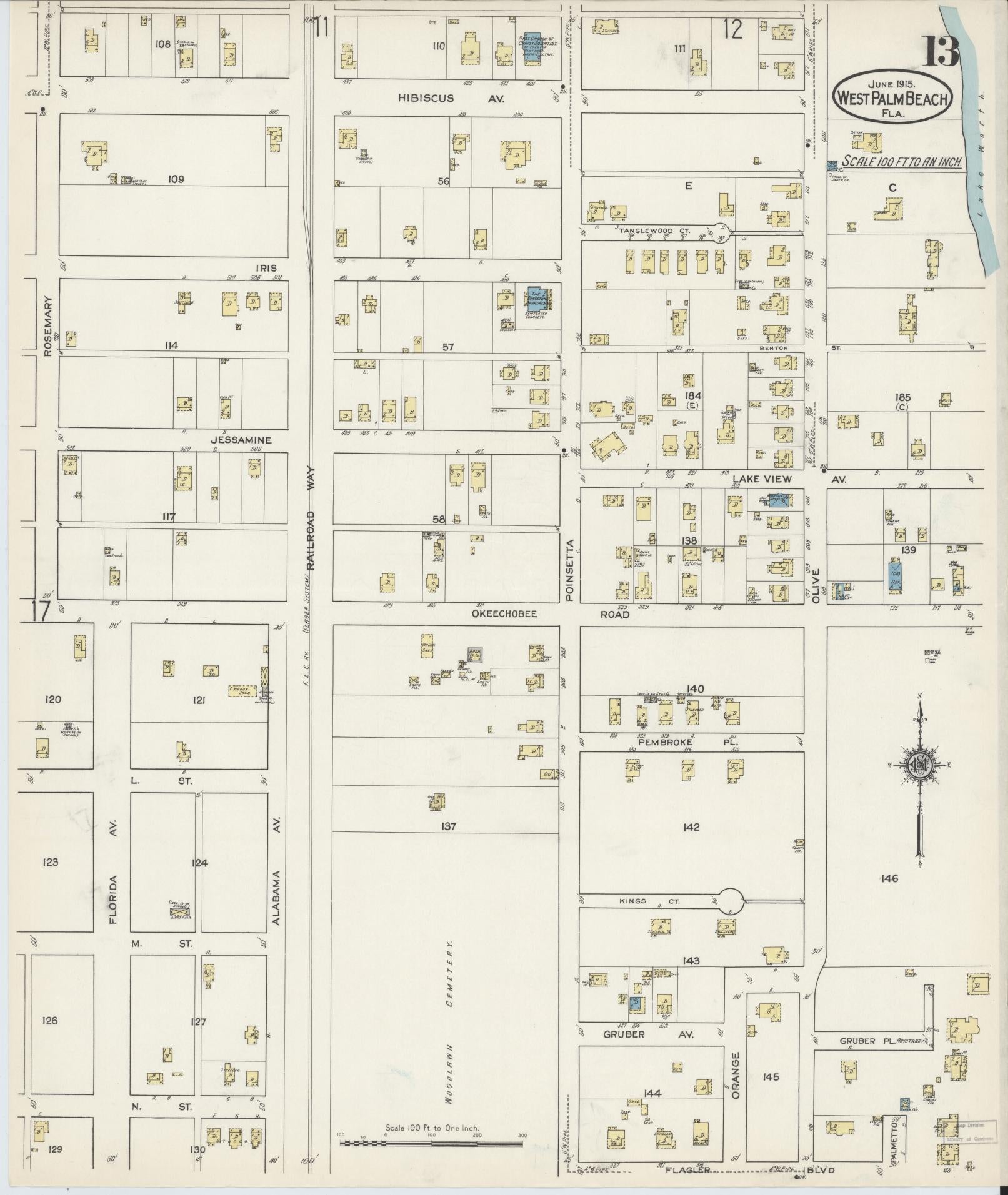 Sanborn Fire Insurance Map from West Palm Beach, Dade County, Florida (1915), Sheet #0013 - Complete Map Set gallery image, historic Sanborn map, vintage wall art, Florida Florida