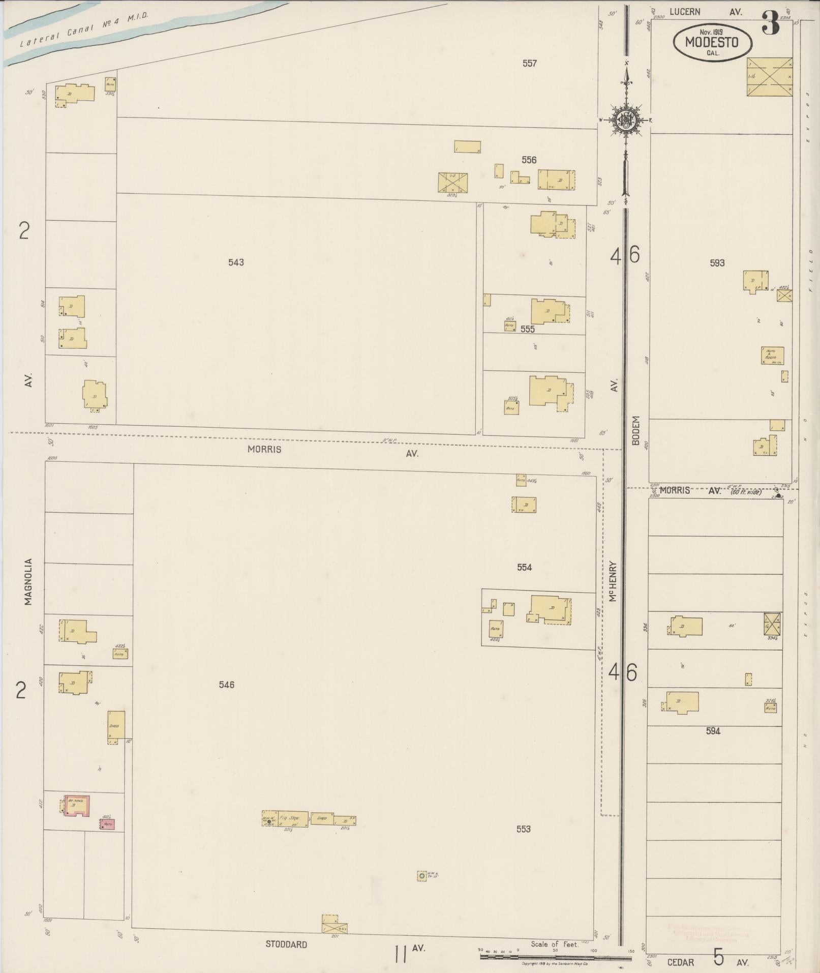 Sanborn Fire Insurance Map from Modesto, Stanislaus County, California (1919), Sheet #0003 - Complete Map Set gallery image, historic Sanborn map, vintage wall art, California California