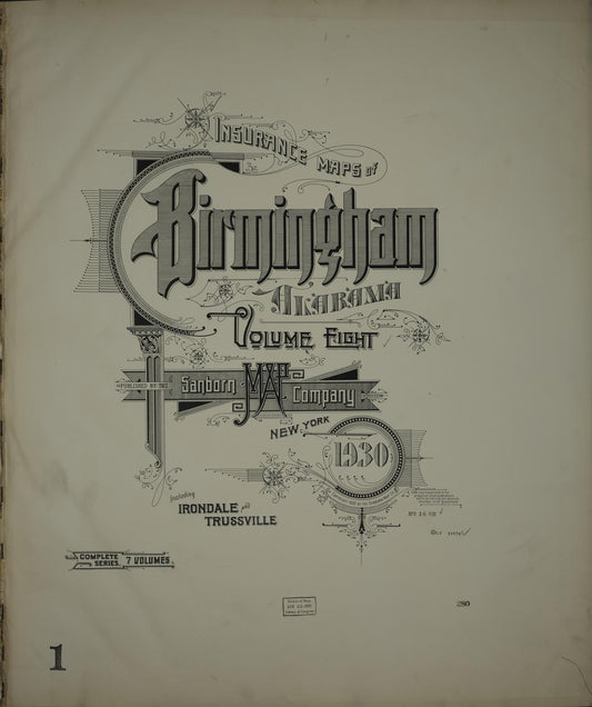 Sanborn Fire Insurance Map from Birmingham, Jefferson County, Alabama (1930), Sheet #0001 - Historic Sanborn Fire Insurance Map Print, vintage old map wall art, antique decor, genealogy gift, Alabama Alabama map