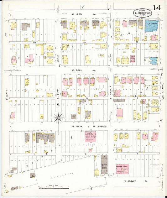 Sanborn Fire Insurance Map from Albuquerque, Bernalillo County, New Mexico (1908), Sheet #0014 - Historic Sanborn Fire Insurance Map Print, vintage old map wall art, antique decor, genealogy gift, New Mexico New Mexico map