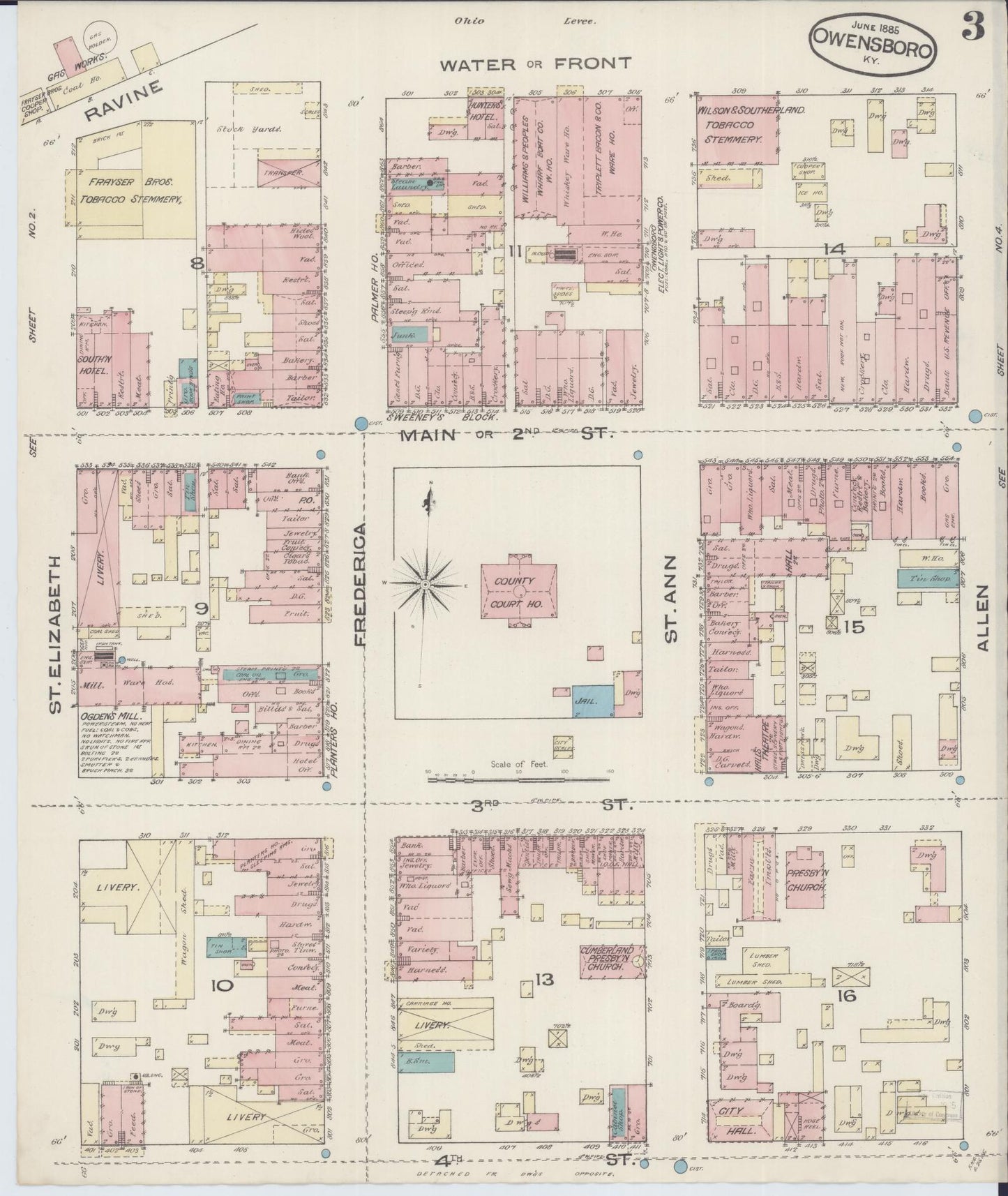 Sanborn Fire Insurance Map from Owensboro, Daviess County, Kentucky (1885), Sheet #0003 - Complete Map Set gallery image, historic Sanborn map, vintage wall art, Kentucky Kentucky