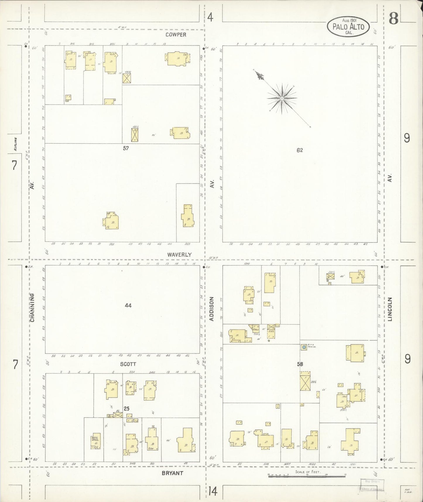 Sanborn Fire Insurance Map from Palo Alto, Santa Clara County, California (1901), Sheet #0008 - Complete Map Set gallery image, historic Sanborn map, vintage wall art, California California