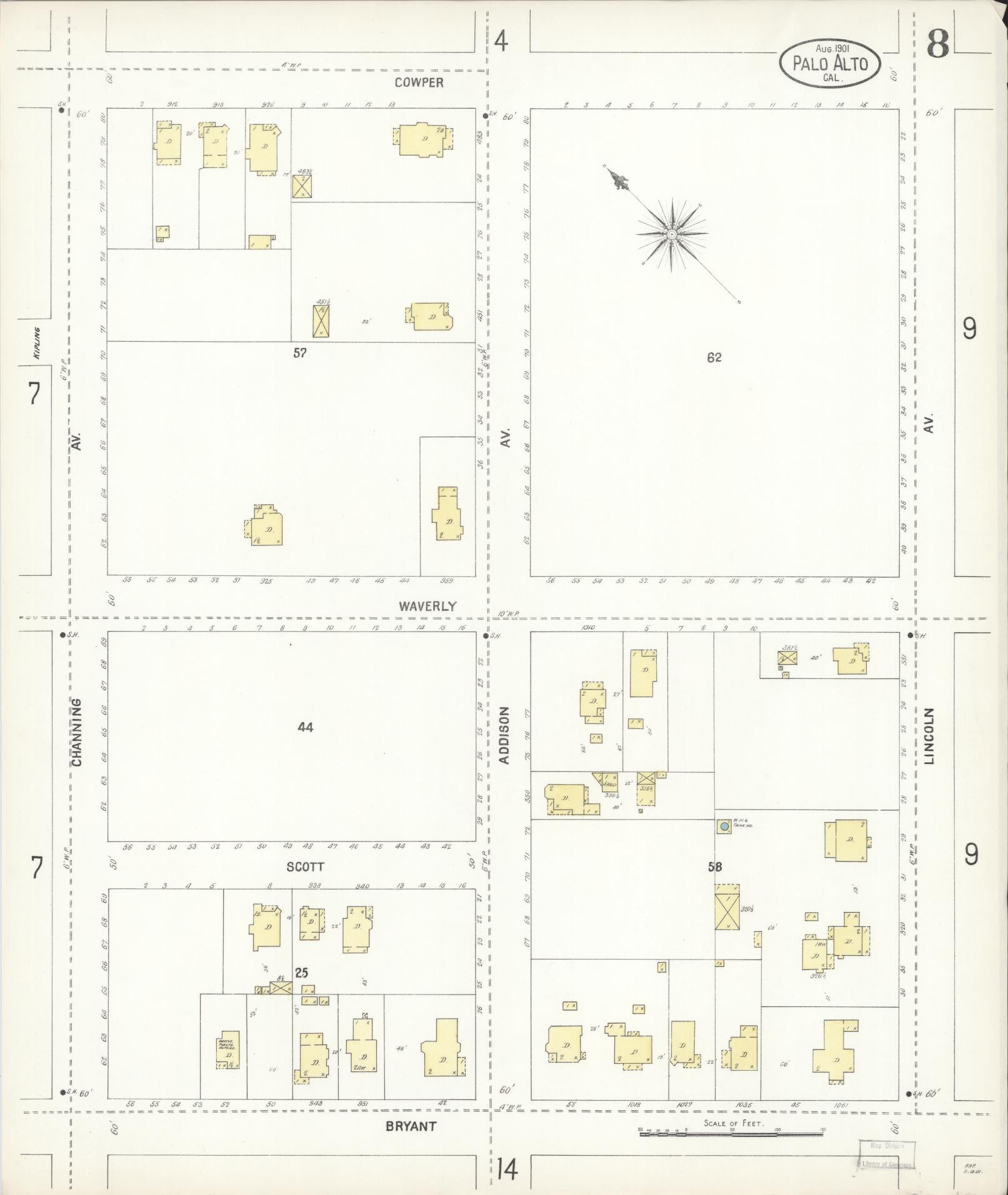 Sanborn Fire Insurance Map from Palo Alto, Santa Clara County, California (1901), Sheet #0008 - Complete Map Set gallery image, historic Sanborn map, vintage wall art, California California