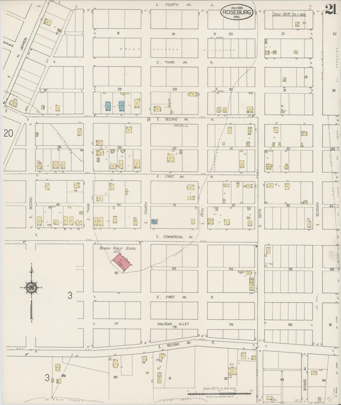 Sanborn Fire Insurance Map from Roseburg, Douglas County, Oregon (1920), Sheet #0021 - Historic Sanborn Fire Insurance Map Print, vintage old map wall art, antique decor, genealogy gift, Oregon Oregon map