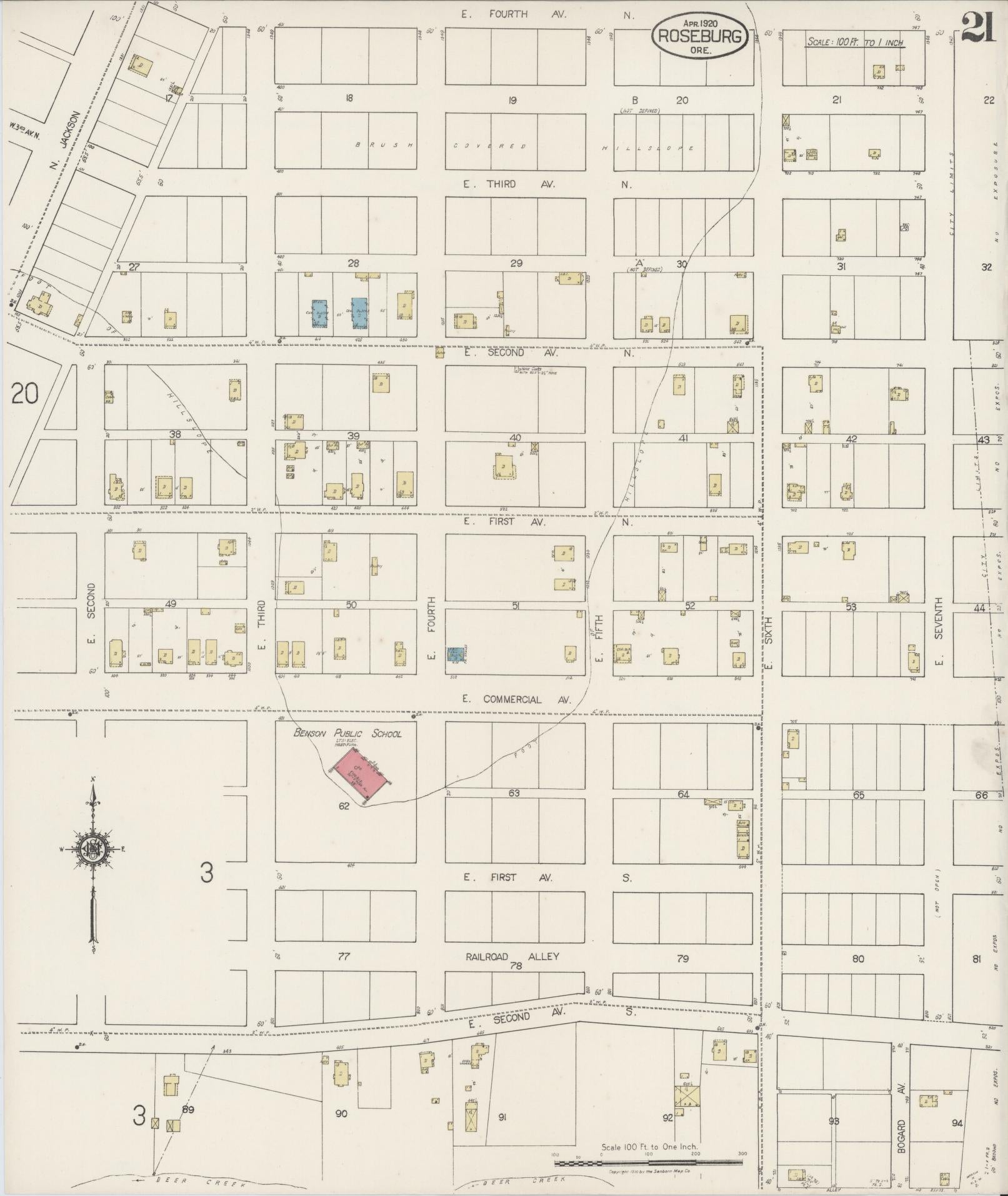 Sanborn Fire Insurance Map from Roseburg, Douglas County, Oregon (1920), Sheet #0021 - Historic Sanborn Fire Insurance Map Print, vintage old map wall art, antique decor, genealogy gift, Oregon Oregon map