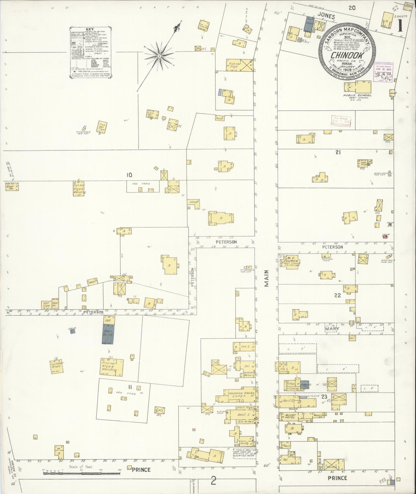 Sanborn Fire Insurance Map from Chinook, Pacific County, Washington (1909), Sheet #0001 - Complete Map Set gallery image, historic Sanborn map, vintage wall art, Washington Washington