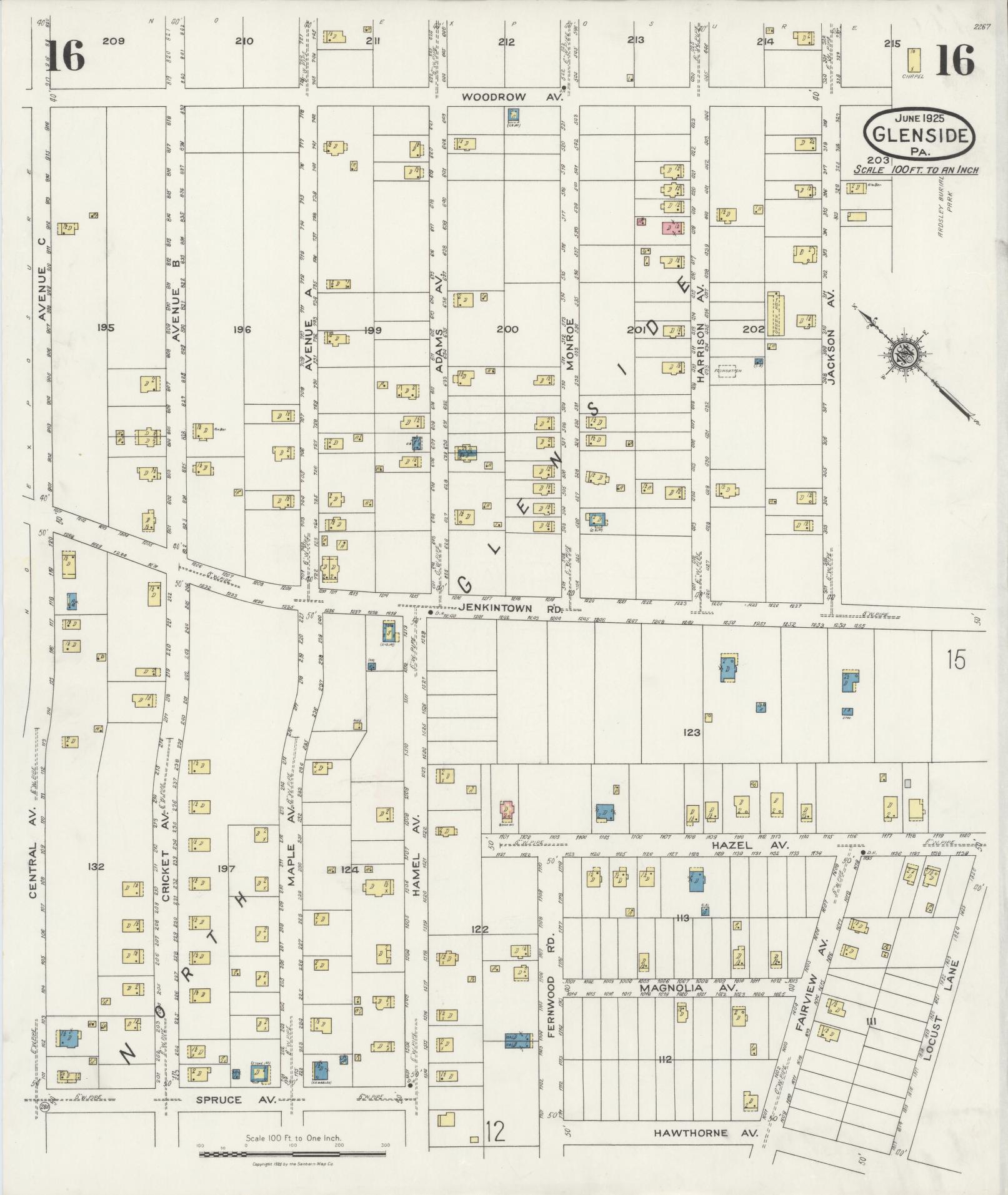 Sanborn Fire Insurance Map from Glenside, Montgomery County, Pennsylvania (1925), Sheet #0016 - Historic Sanborn Fire Insurance Map Print, vintage old map wall art, antique decor, genealogy gift, Pennsylvania Pennsylvania map