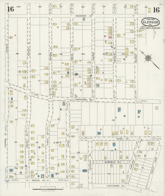 Sanborn Fire Insurance Map from Glenside, Montgomery County, Pennsylvania (1925), Sheet #0016 - Historic Sanborn Fire Insurance Map Print, vintage old map wall art, antique decor, genealogy gift, Pennsylvania Pennsylvania map