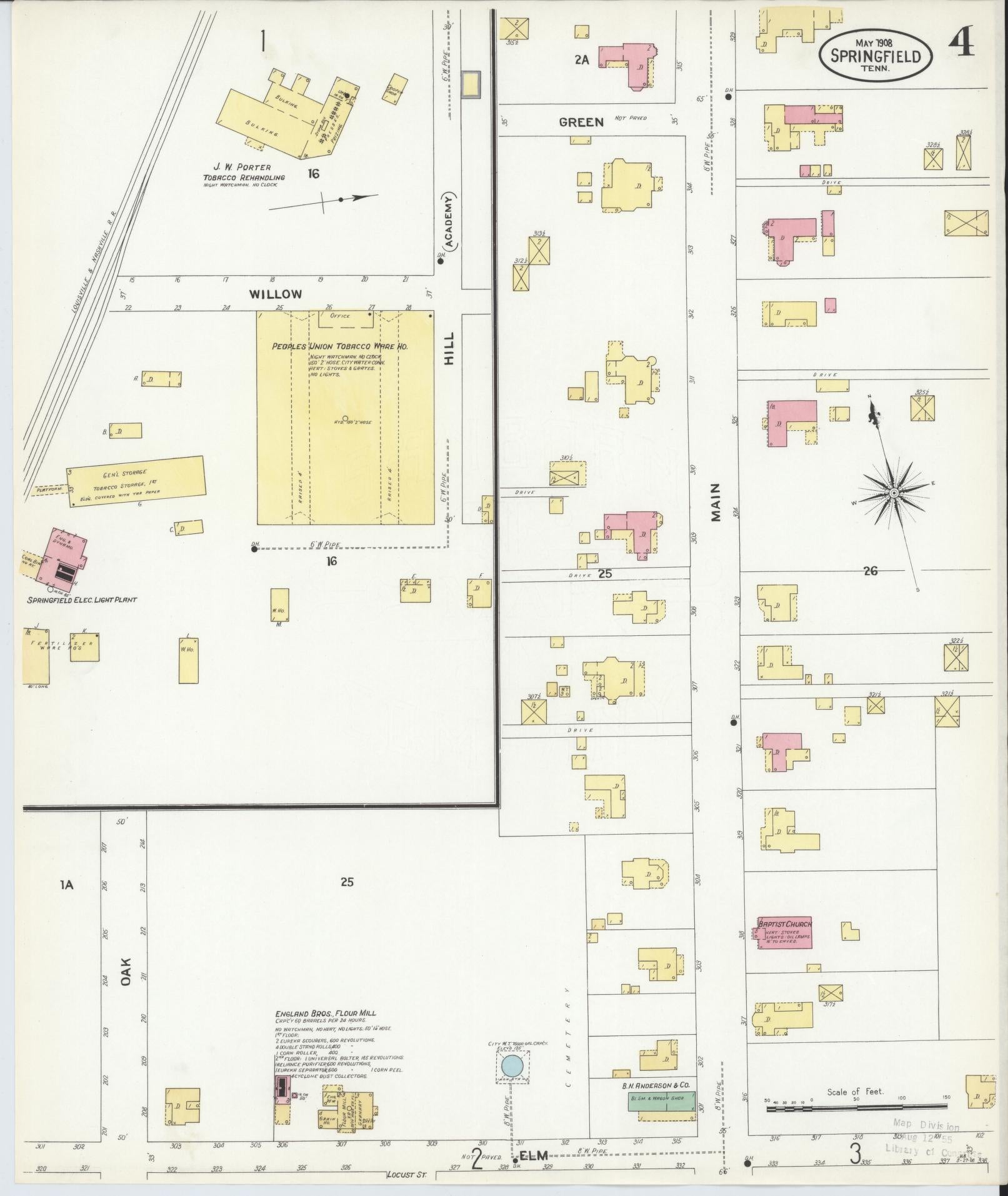 Sanborn Fire Insurance Map from Springfield, Robertson County, Tennessee (1908), Sheet #0004 - Historic Sanborn Fire Insurance Map Print, vintage old map wall art, antique decor, genealogy gift, Tennessee Tennessee map