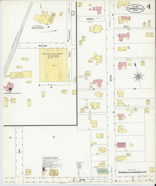 Sanborn Fire Insurance Map from Springfield, Robertson County, Tennessee (1908), Sheet #0004 - Historic Sanborn Fire Insurance Map Print, vintage old map wall art, antique decor, genealogy gift, Tennessee Tennessee map