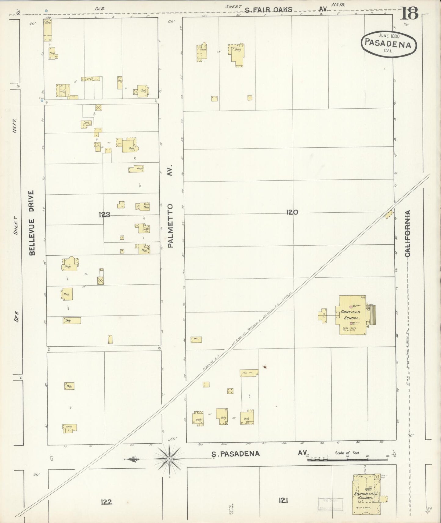 Sanborn Fire Insurance Map from Pasadena, Los Angeles County, California (1890), Sheet #0018 - Complete Map Set gallery image, historic Sanborn map, vintage wall art, California California