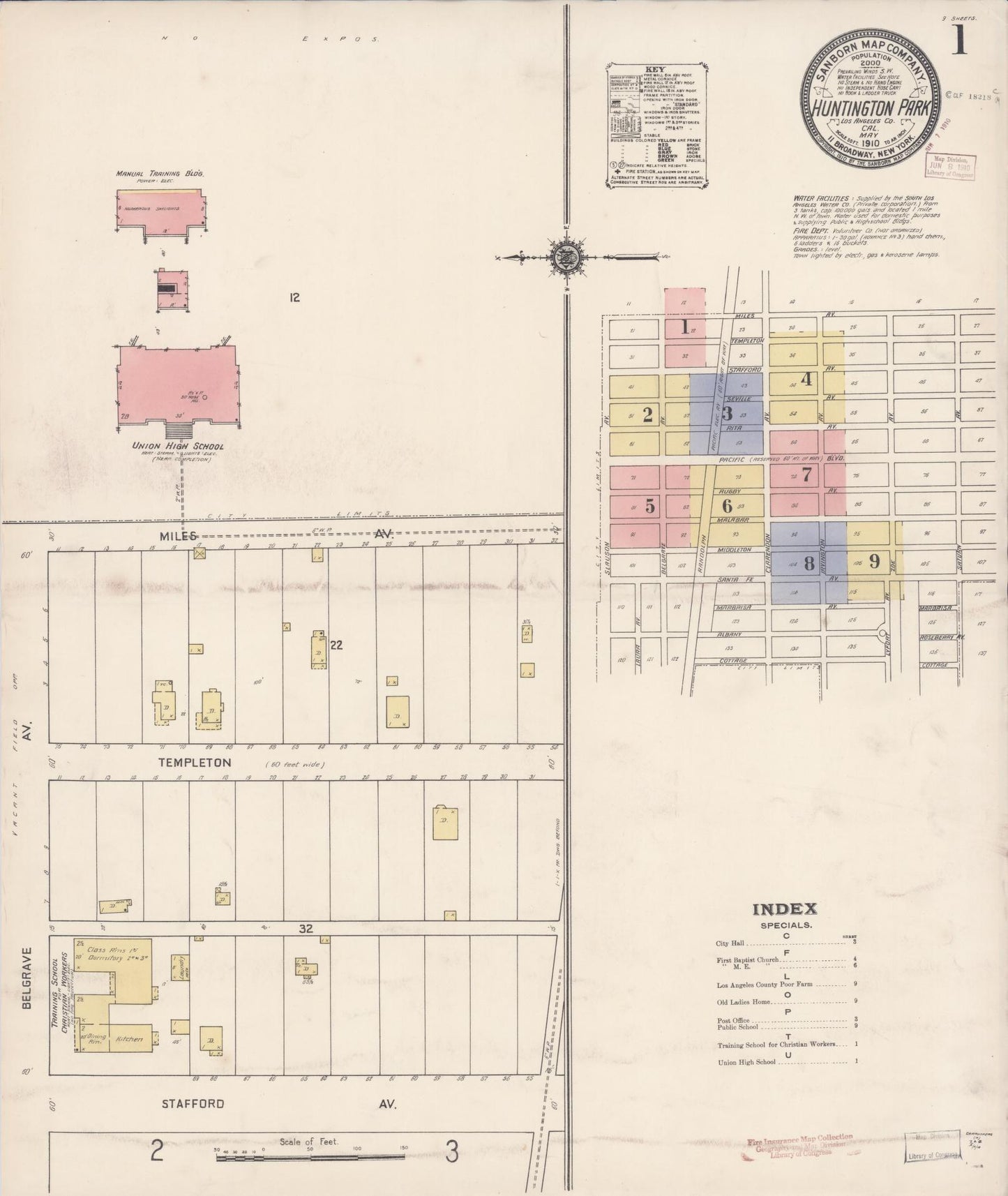 Sanborn Fire Insurance Map from Huntington Park, Los Angeles County, California (1910), Sheet #0001 - Historic Sanborn Fire Insurance Map Print, vintage old map wall art, antique decor, genealogy gift, California California map
