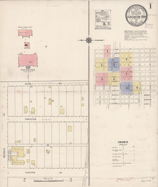 Sanborn Fire Insurance Map from Huntington Park, Los Angeles County, California (1910), Sheet #0001 - Historic Sanborn Fire Insurance Map Print, vintage old map wall art, antique decor, genealogy gift, California California map
