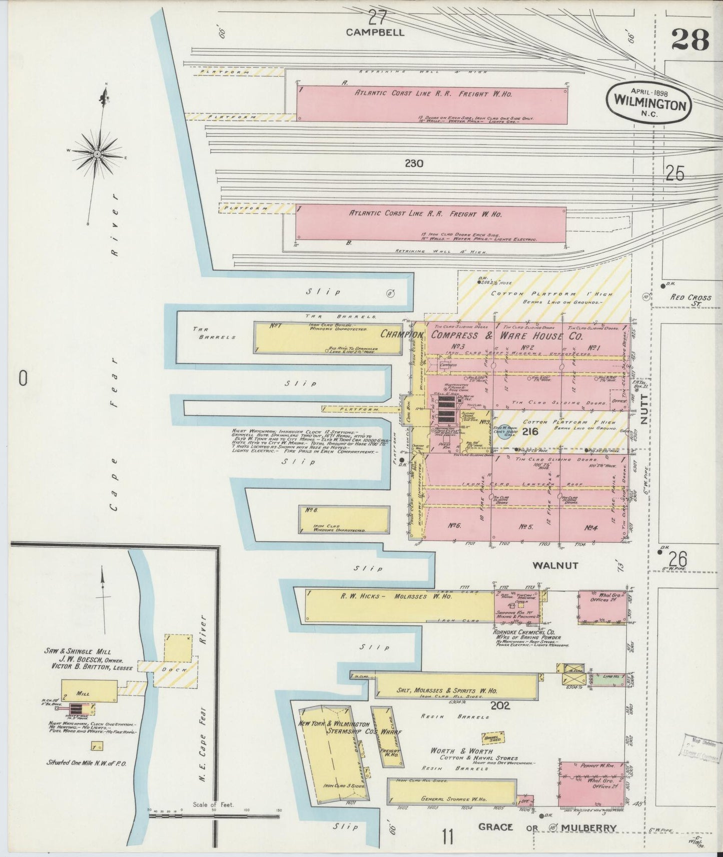 Sanborn Fire Insurance Map from Wilmington, New Hanover County, North Carolina (1898), Sheet #0028 - Historic Sanborn Fire Insurance Map Print, vintage old map wall art, antique decor, genealogy gift, North Carolina North Carolina map