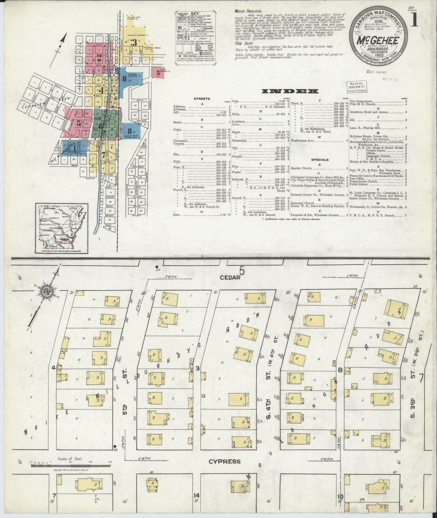 Sanborn Fire Insurance Map from McGehee, Desha County, Arkansas (1920), Sheet #0001 - Historic Sanborn Fire Insurance Map Print, vintage old map wall art, antique decor, genealogy gift, Arkansas Arkansas map