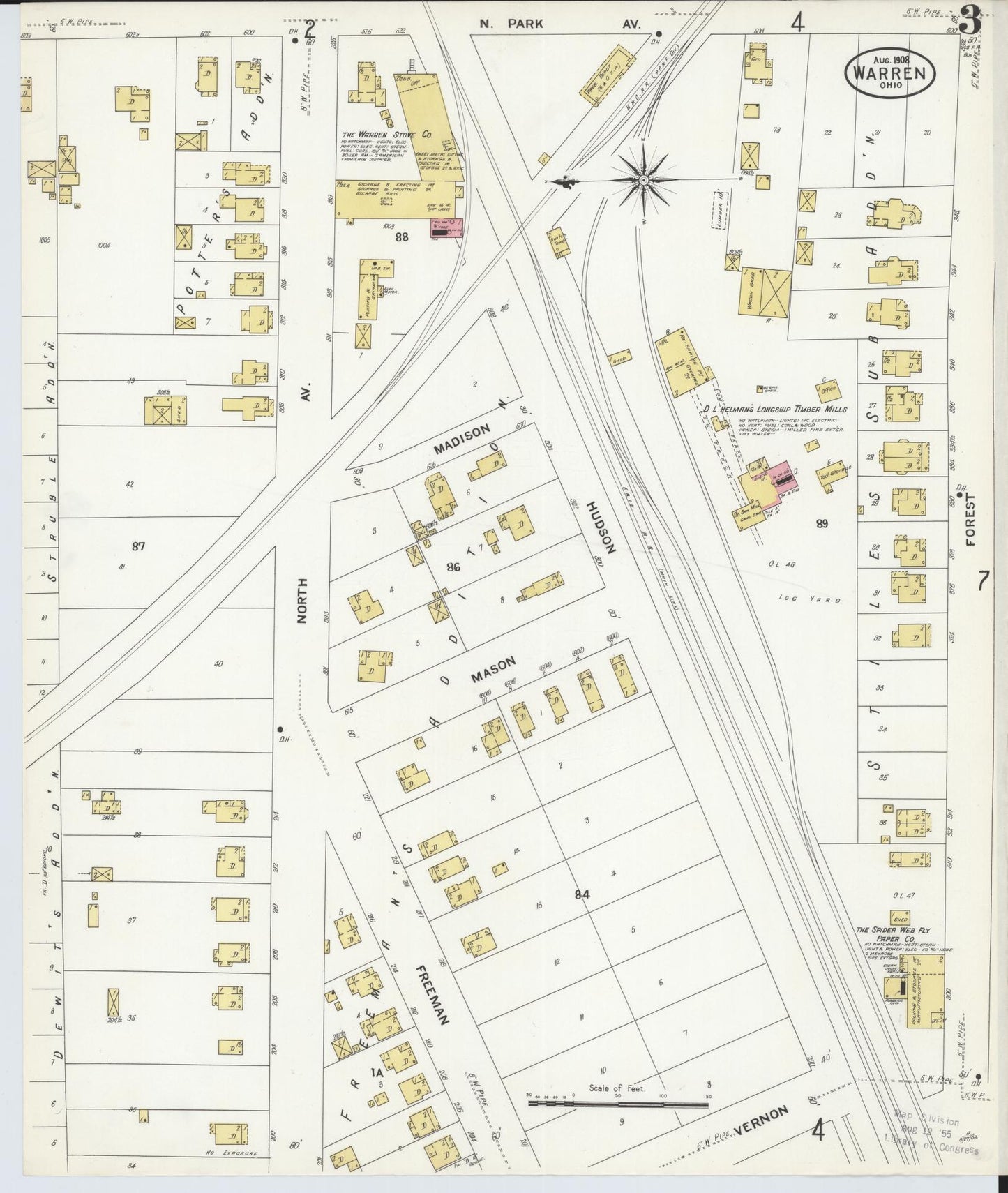Sanborn Fire Insurance Map from Warren, Trumbull County, Ohio (1908), Sheet #0003 - Complete Map Set gallery image, historic Sanborn map, vintage wall art, Ohio Ohio