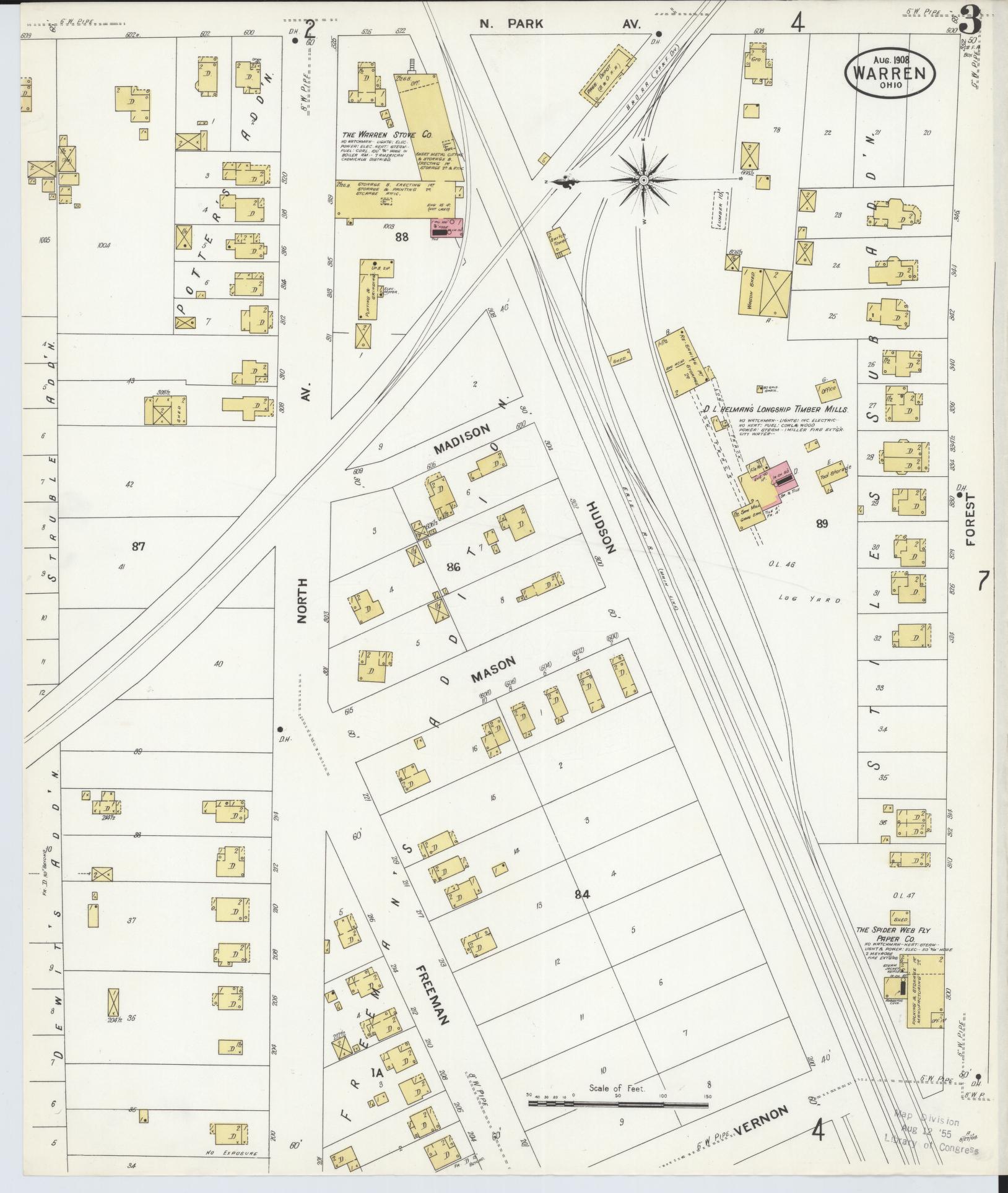 Sanborn Fire Insurance Map from Warren, Trumbull County, Ohio (1908), Sheet #0003 - Complete Map Set gallery image, historic Sanborn map, vintage wall art, Ohio Ohio