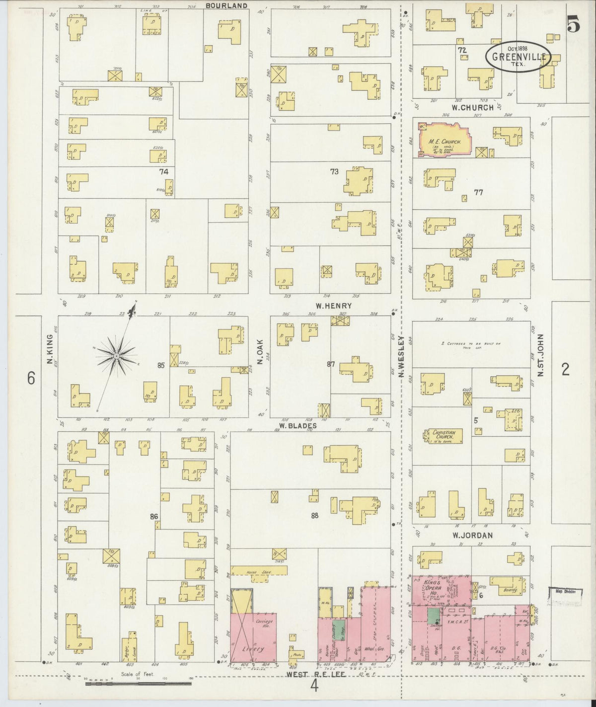 Sanborn Fire Insurance Map from Greenville, Hunt County, Texas (1898), Sheet #0005 - Complete Map Set gallery image, historic Sanborn map, vintage wall art, Texas Texas