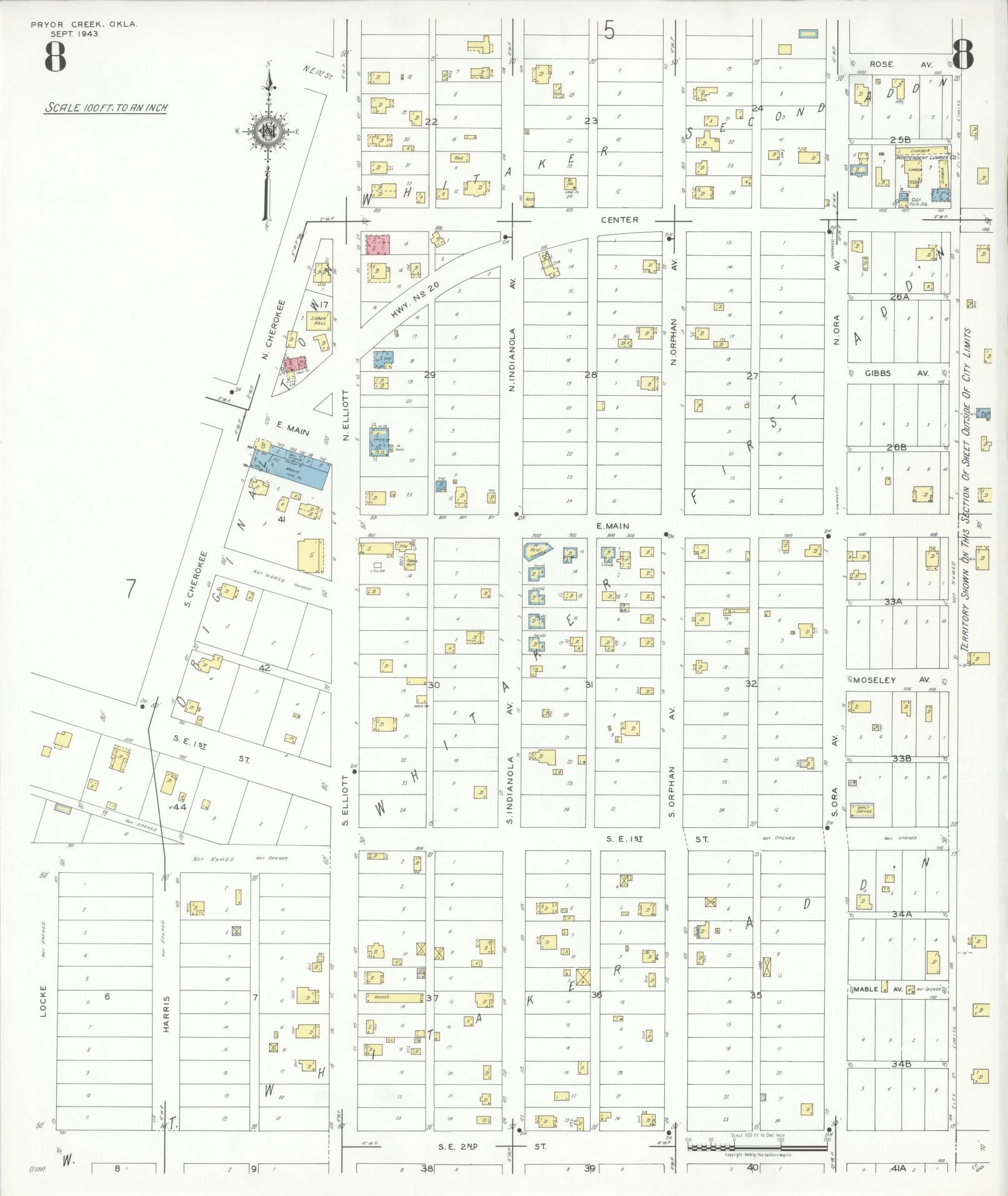 Sanborn Fire Insurance Map from Pryor Creek, Mayes County, Oklahoma (1943), Sheet #0008 - Complete Map Set gallery image, historic Sanborn map, vintage wall art, Oklahoma Oklahoma